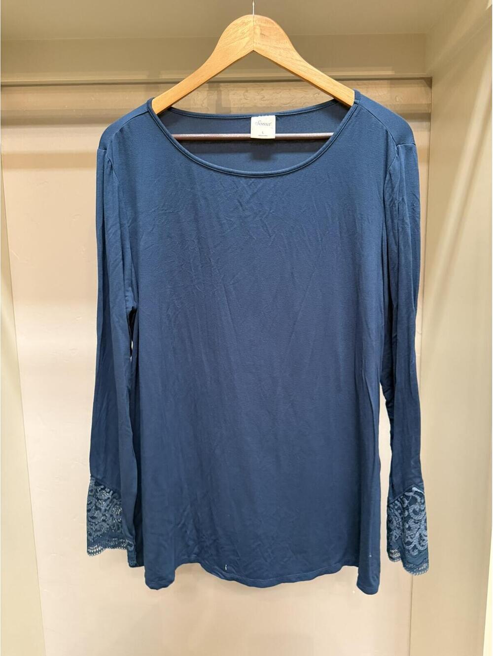 Cotton Blend Long Sleeve Top with Lace Cuff Detail